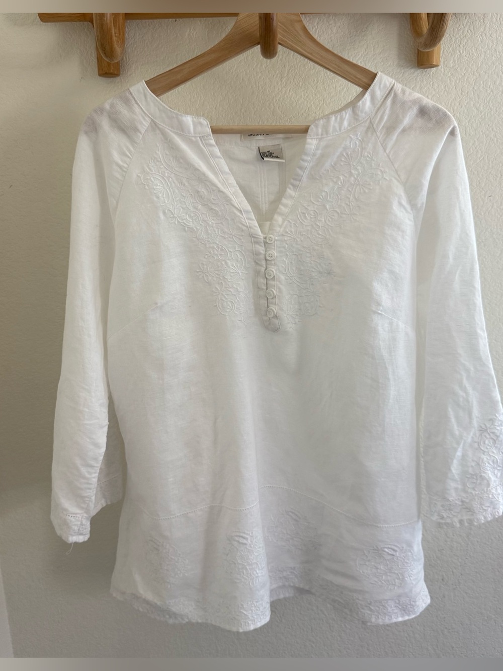 Susan Bristol peasant boho coastal grandma cottagecore Embroidered Linen top